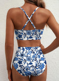 Emoswim - 2026 Summer Two Piece Bikini Set U-Wire Cutout High Waisted Swimsuit-Blue Floral