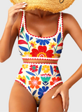 Emoswim - Women's Bikini Sets Floral Print Whip Stitch 2 Piece Swimsuits High Waisted Scoop Bathing Suits