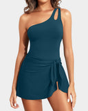 Emoswims - One Shoulder One Piece Swim Dress for Women Tummy Control Swimsuit with Skirt