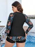 Tropical Print Raglan Sleeve Two-Piece Tankini With Swim Short