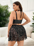 Floral Print Halter Two-Piece Tankini With Swim Skirt