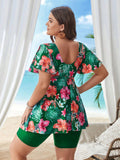 Tropical Print Flare Sleeve Two-Piece Tankini Skirt With Swim Short