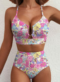 Emoswim - 2026 Summer Two Piece Bikini Set U-Wire Cutout High Waisted Swimsuit-Pink Floral