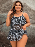 Wave Printed Ruffled Two-Piece Tankini Skirt Set