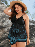 Paisley Print Drawstring Flowy Halter Two-Piece Tankini Skirt Set