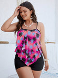 Tropical Print Hanky Hem Bikini Swimsuit Two-Piece Tankini With Swim Short