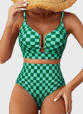 Emoswim - 2026 Summer Two Piece Bikini Set U-Wire Cutout High Waisted Swimsuit-Green Checkered