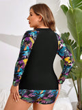 Tropical Print Raglan Long Sleeve Two-Piece Tankini With Swim Short