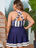 Block Anchor Print Drawstring Two-Piece Tankini Skirt with Swim Short