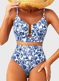 Emoswim - 2026 Summer Two Piece Bikini Set U-Wire Cutout High Waisted Swimsuit-Blue Floral