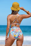 Emoswims - Beach Floral Colorblock Print Low-cut Slim One Piece Tummy control Swimsuit