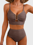Emoswim - 2026 Summer Two Piece Bikini Set U-Wire Cutout High Waisted Swimsuit-Brown