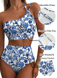 Emoswim - Women's High Waisted Bikini Sets One Shoulder Floral Print Swimsuits 2 piece Tummy Control Bathing Suits