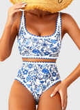 Emoswim - Women's Bikini Sets Floral Print Whip Stitch 2 Piece Swimsuits High Waisted Scoop Bathing Suits