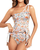Emoswims - One Shoulder One Piece Swim Dress for Women Tummy Control Swimsuit with Skirt-Orange Floral