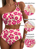 Emoswim - Women's High Waisted Bikini Sets One Shoulder Floral Print Swimsuits 2 piece Tummy Control Bathing Suits