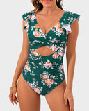 Emoswims - Ruffle Sleeve Cut-Out Ruched One-Piece Swimsuit