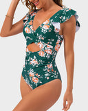 Emoswims - Ruffle Sleeve Cut-Out Ruched One-Piece Swimsuit