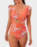 Emoswims - Ruffle Sleeve Cut-Out Ruched One-Piece Swimsuit
